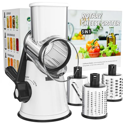 Cambom Rotary Cheese Grater Hand Crank Cheese Shredder for Fresh Cheese, Vegetable, Nuts,Non-slip Suction Base, Three Blades, Black White - color: White Black, size: 3 BLADES