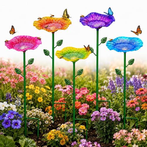 Bee Watering Station for Garden, Metal Bee Bath & Butterfly Feeders, Outdoor Insect Drinking Waterer Stakes, Colorful Flower Watering Station Garden Decor Gift for Gardeners (5PCS) - color: 5PCS