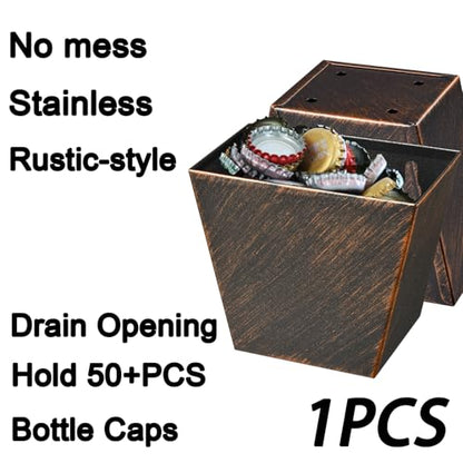 Retro Stainless Steel Beer Cap Bucket Wall Mounted Bottle Cap Catcher with Drain Holes Antique Copper for Outdoor Post Cooler Table - color: Aged Copper