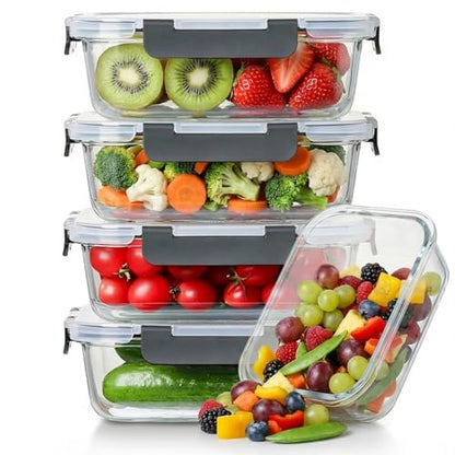 5 Pack 36oz Borosilicate Glass Food Storage Containers Set with Lids, Freezer Meal Prep Containers, Airtight Bento Lunch Container Set, Oven, Freezer and Dishwasher Safe, BPA Free, Kitchen Storage Set - color: gray