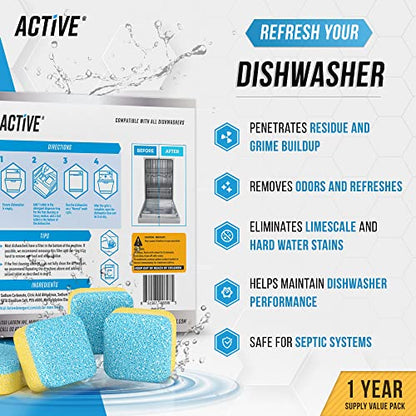 ACTIVE Washing Machine And Dishwasher Cleaning Tablets Bundle - Includes 12 Month Supply Dishwasher Cleaner Deodorizer & Washing Machine Descaler Deep Cleaning Tablets - 48 Tablet Set - style: 24 Washing Machine + 24 Dishwasher Tablets