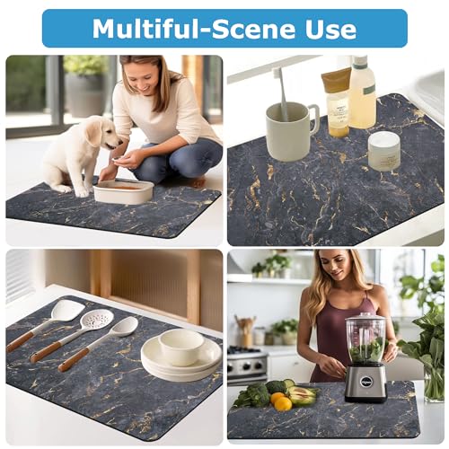 Dish Drying Mat Coffee Bar Mat for Kitchen Counter, Absorbent Dish Rack Pad Hide Stain with Non-slip Rubber Backed Coffee Accessories Fit Under Espresso Machine Maker Black Marble 22.83"x14.96"