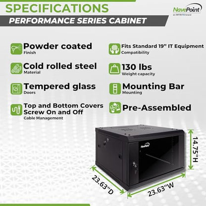 NavePoint 6U Server Cabinet Wall Mount Rack Enclosure Includes 2 Fans, Locking Glass Door, Removable Side Panels – 6U Network Cabinet 23.6” Deep, 19 Inch Server Rack for IT and A/V Equipment - size: 6U - 600mm Depth