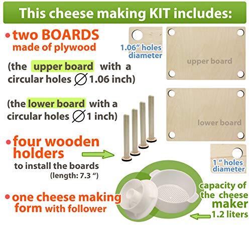 Wooden Cheese Press for Cheese Making Supplies 12 in Wooden Guides and Cheese Mold with Follower Piston 1.3 Qt - Small Home Supply Ultimate Cheese Press Machine - Prensa Para Queso Casero