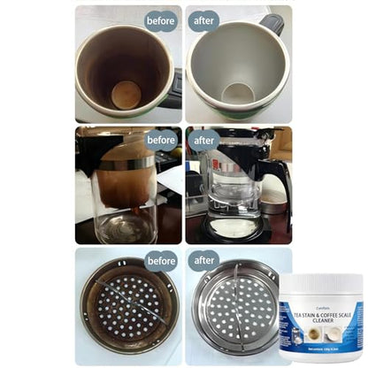 Food Grade Tea Stain & Coffee Scale Cleaner - Easy Cleaning Powder for Stainless Steel, Glass, Ceramic, Silicone - Removes Coffee, Tea Limescale with Hot Water Soak (120, Grams)