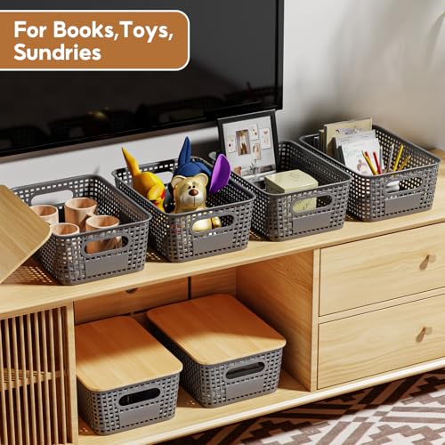 8 Pcs Plastic Storage Bins with Bamboo Lids and Labels 5.29qt Stackable Box Basket Pantry Decorative Containers, Small Storage Baskets for Drawers Organizing Closets Bedrooms Cabinets 10*7.2*4.1" - style: Gray-Bamboo Lid