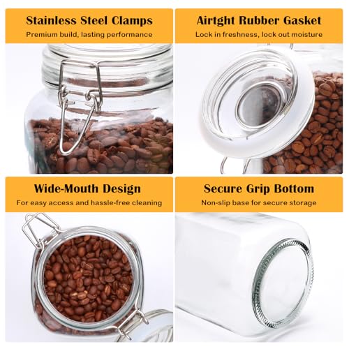 Flrolove 78oz Glass Storage Jars with Airtight Lids Set of 3 | Air Tight Pantry Storage Containers, Square Large Mason Jars, Perfect for Kitchen Canning Cereal, Pasta, Flour, Coffee Beans - size: 78oz*3-square
