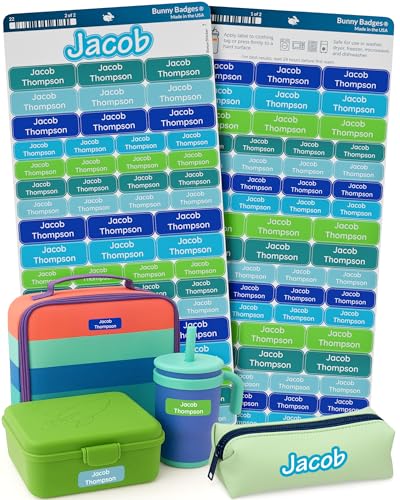 Bunny Badges Personalized Daycare Name Labels for Kids (120 Labels) Custom Label for Clothing Tag - Waterproof Name Stickers for Clothing Tags, Bottles, Backpacks and School Supplies (Mystic) - color: Mystic