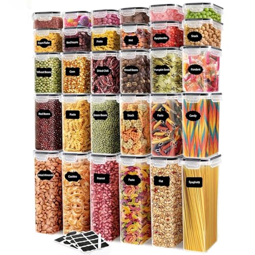 JUJOJB Airtight Food Storage Containers Set with Lids - 30 pack, BPA Free Plastic Kitchen and Pantry Organization, Plastic Leak-proof Canisters for Cereal Flour & Sugar - Labels & Marker