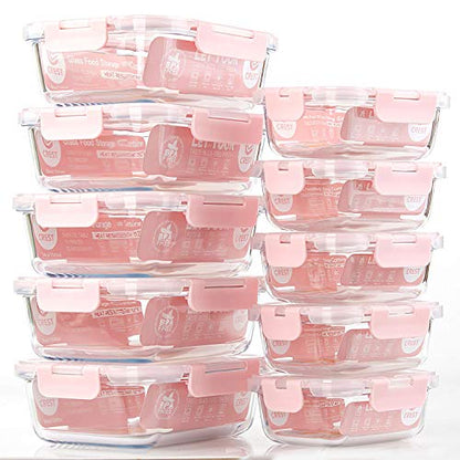 C CREST [10 Pack] Glass Meal Prep Containers, Food Storage Containers with Lids Airtight, Glass Lunch Boxes, Microwave, Oven, Freezer and Dishwasher Safe - color: Pink