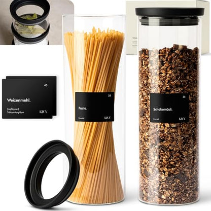 KIVY Airtight glass jars with transparent Glass Lid [2x 60oz] Glass airtight food storage containers - Pasta containers storage - Spaghetti container - Pasta containers for pantry flour Jar - size: 60oz * 2