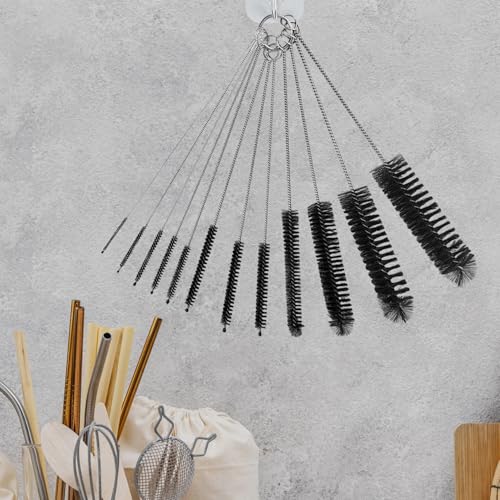 12 Multi-Size Brushes for Straws, Baby Bottles, Tumblers, Water Bottles, Sippy Cups, Tea Pots, Narrow Openings, and Narrow-Neck Containers (Black) - color: Black