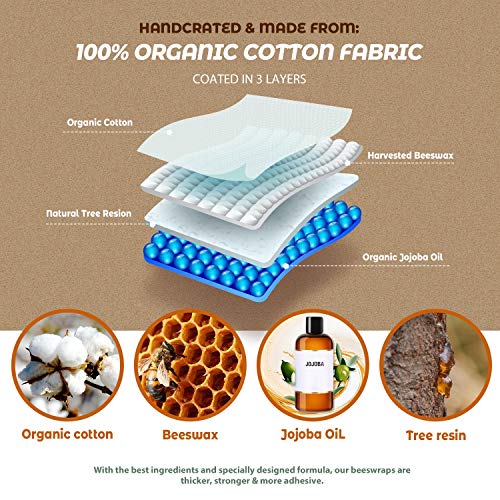 Akeeko Reusable Beeswax Food Wraps - Assorted 9 Packs, Reusable, Plastic-Free Food Storage, 5 Small, 2 Medium, 1 Large, 1 Extra Large Wraps with Abstract Curves Pattern