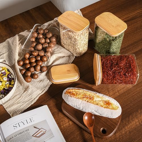 D2scrma 37oz Rectangle Airtight Glass Storage Containers with Bamboo Lids (Set of 6), Square Food Storage Jar, Pantry Organizers for Cereal, Nuts, Snacks and Coffee beans (‎with Black Lable)