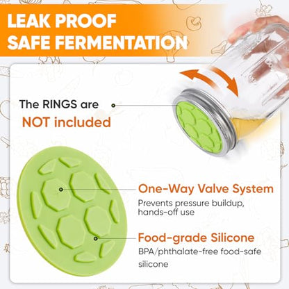 16PCS Silicone Fermentation Lids for Wide Mouth Mason Jars | One-Way Airlock Valve, Self-Burping for Sauerkraut, Sourdough Starter & Probiotics (Patented) - size: 16 PCS
