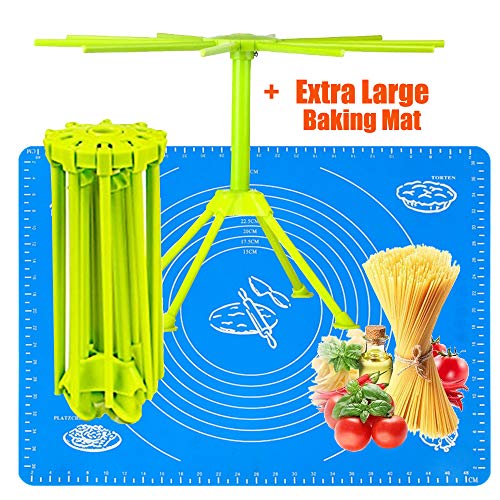Kitchen Pasta Drying Rack Folding with Extra Large Silicone Baking Mat, iPstyle Spaghetti Drying Rack Noodle Stand 10 Bar Handles (Drying Rack + Baking Mat)