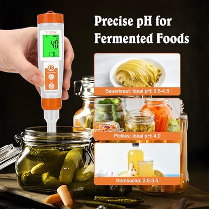 Smart pH Meter for Food - Digital pH Tester with All Accessories | YINMIK Lab pH Meter | pH Thermometer for Food | Professional pH Reader for Hot Sauce, Dough, Cosmetic, Fermentation, Kombucha, Wine