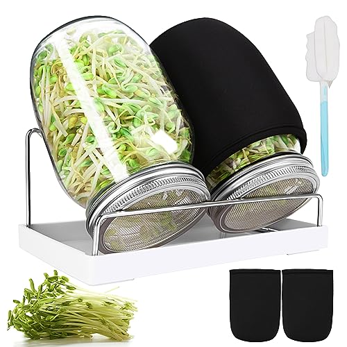Sprouting Jar Kit, 32 OZ 2 Large Wide Mouth Mason Jars with Sprout Lids, Premium Canning Lids, Blackout Sleeves, Tray ,Stand & Canning Brush - Sprouting Kit for Growing Broccoli, Mung Bean, Alfalfa