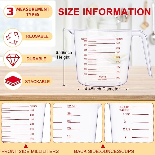 Kanayu 36 Pcs Plastic Measuring Cup Clear Measuring Mug with Spout and Handle Grip Capacity Clear Graduated Pitcher for Kitchen Flour Water Liquids (Red,32 oz, 4 Cups) - color: Red, size: 32 oz, 4 Cups