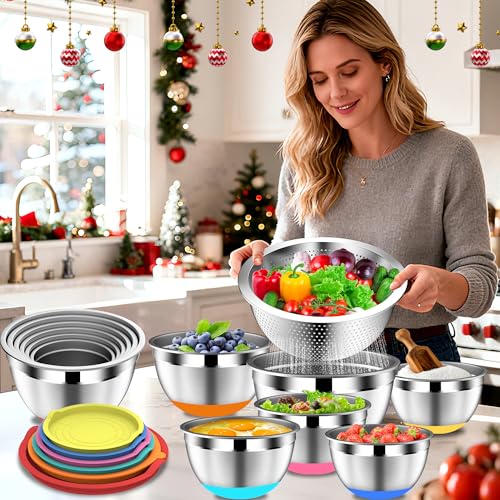DUTZUN Mixing Bowls with Lids Set - 16pcs Stainless Steel Mixing Bowl Set with Colander, 3 Grater Attachments, Non-Slip Bottom, Metal Nesting Bowls with Strainer for Mixing & Serving - Multicolor - style: 16PCS Multicolor W Nonslip Silicone