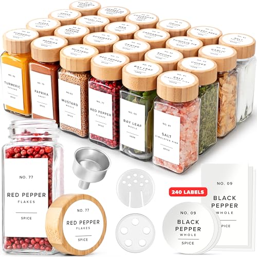 EDELHAUS® Square Spice Jars with Bamboo Wooden Lid (Pack of 24) Spice Jars with Shaker Insert and 240 Labels - Bamboo Lid Glass Container for Spice Organisation [4.3 in × 1.8 in] - color: White Labels