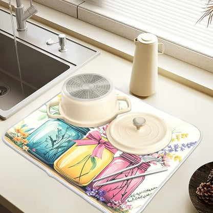 Mason Jar Flower Dish Drying Mat Dishes Pad Absorbent Fast Dry Dish Drainer Mat Protector for Kitchen Counter 16x18 Inches - size: 16" x 18"