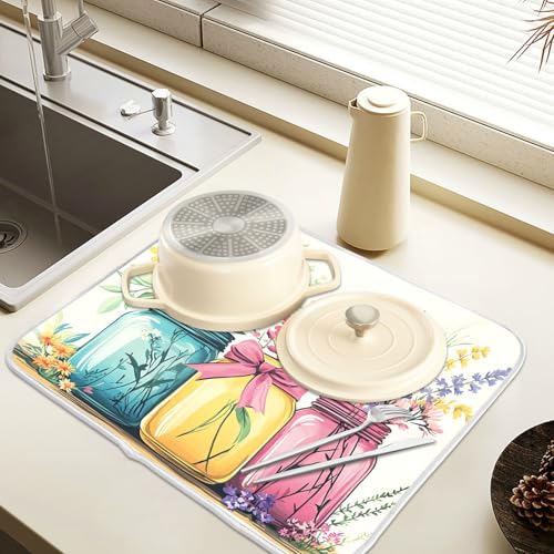 Mason Jar Flower Dish Drying Mat Dishes Pad Absorbent Fast Dry Dish Drainer Mat Protector for Kitchen Counter 18x14 Inches - size: 18" x 24"