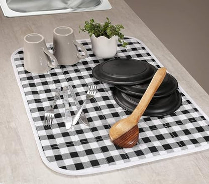 Ramanta Home Buffalo Plaid Check Dish Drying Mat Set of 2 Black - 18x24 Inches, Cotton Top Cover Absorbent Dish-Drying Mats For Sink, Dishwasher | Extra Large Kitchen Countertop Protector Dishes Pad - color: Black-White