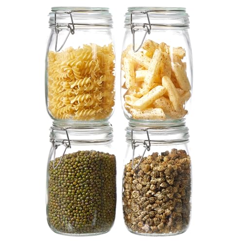 ODBCYWM 34oz Glass Food Storage Jars with Airtight Lids, Set of 4 – Clear Preserving Seal Wire Clip Fastening Canisters for Kitchen Canning, Flour, Cereal, Pasta, Sugar, Beans, Pickling Jars (34oz*4) - size: 34oz*4