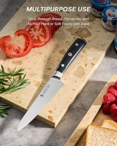 KYOKU 5.5 in. Serrated Utility Knife, Samurai Series Japanese Utility Chef Knife with Pakkawood Handle, German 1.4116 Stainless Steel Full Tang Sandwich Tomato Knife with Protective Sheath & Gift Box - size: 5.5", style: Utility Knife