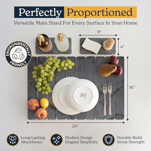 Oleex 3-Pack Stone Dish Drying Mat Set Includes 1 Large 24”x16” & 2 Small 4”x9” for Kitchen Counter-Collapsible Diatomaceous Earth Pad Absorbs Water & Dries Dishes Fast, Non-slip, Odor-Resistant Mats - color: Dark Grey Marble