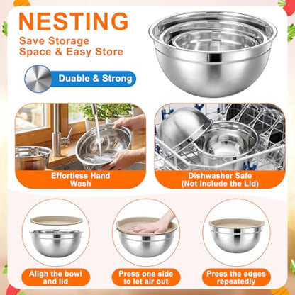 18 Pack Stainless Steel Mixing Bowls with Lids Set Includes Stainless Steel Measuring Cups and Spoons Wire Balloon Whisk Silicone Spatulas Suitable for Kitchen Cooking Baking(Khaki) - color: Khaki