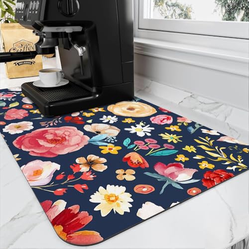 Colorful Floral Coffee Mat Dish Drying Mats for Kitchen Counter, Coffee Bar Mat for Countertop Floor Vintage Flower Draining Pad Decor Gift Fit Under Coffee Maker (20x12in) - color: Colorful Floral