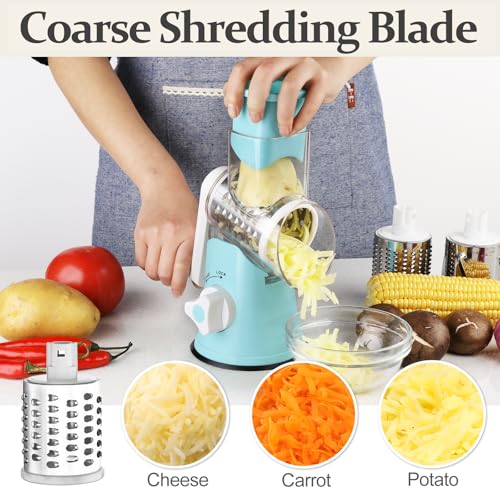 Cambom Rotary Cheese Grater Hand Crank Cheese Shredder for Fresh Cheese, Vegetable, Nuts,Non-slip Suction Base, Five Blades, Blue - color: Blue, size: 5 BLADES