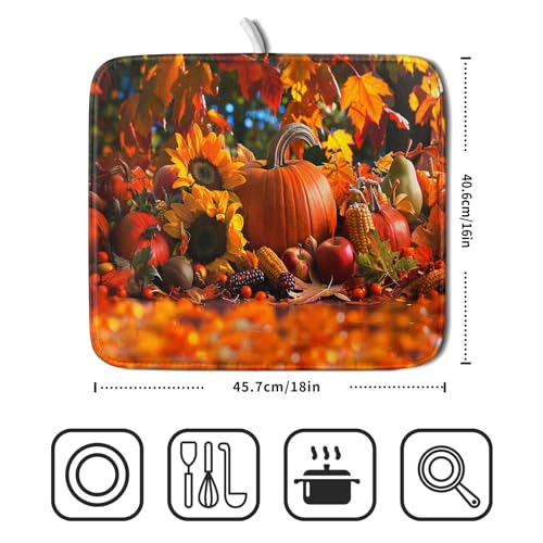 Fall Harvest Pumpkin Dish Drying Mat for Kitchen Counter,Thanksgiving Maple Leaves Sunflower Drying Mat 16 x 18 Inch with Absorbent Reversible Microfiber Dish Drying Pad for Coffee Bar - size: 16" x 18"