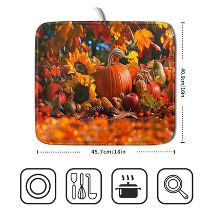 Fall Harvest Pumpkin Dish Drying Mat for Kitchen Counter,Thanksgiving Maple Leaves Sunflower Drying Mat 16 x 18 Inch with Absorbent Reversible Microfiber Dish Drying Pad for Coffee Bar - size: 16" x 18"