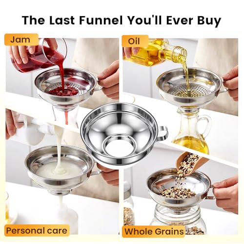 3-Piece Stainless Steel Canning Funnel Set with Strainer, Wide Mouth & Regular Jars Funnels, Food-Grade Kitchen Funnels for Transferring Jam, Spices, Beans, and Dry Goods (3pcs)