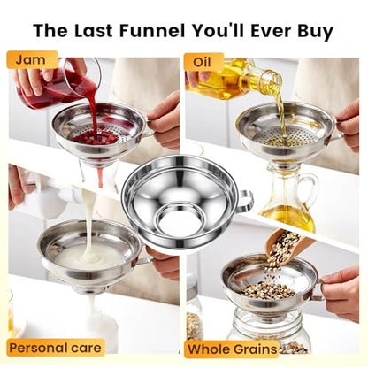 3-Piece Stainless Steel Canning Funnel Set with Strainer, Wide Mouth & Regular Jars Funnels, Food-Grade Kitchen Funnels for Transferring Jam, Spices, Beans, and Dry Goods (3pcs)