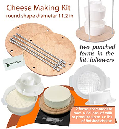 PetriStor Wooden Cheese Press for Cheese Making Supplies Diameter 11 in Metal Guides Walnut and 2 Cheese Mold with Follower Piston 1.3 Qt - Home Supply Ultimate Cheese Press - Prensa Para Queso