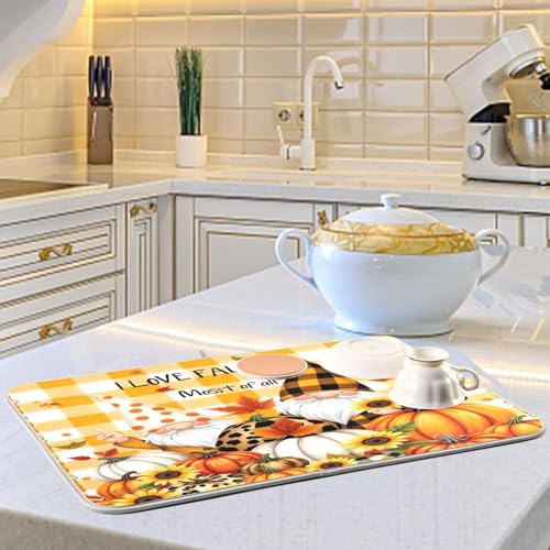 Kcldeci Autumn Fall Gnome Dish Drying Mat Kitchen Drying Pad Sunflower Pumpkin Dish Draining Mat Dish Rack Drainer Pad 18 x 24 - color: A05, size: 18x24in