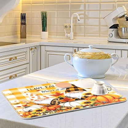 Kcldeci Autumn Fall Gnome Dish Drying Mat Kitchen Drying Pad Sunflower Pumpkin Dish Draining Mat Dish Rack Drainer Pad 18 x 24 - color: A05, size: 18x24in