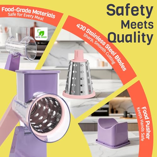 Upgraded Rotary Cheese Grater with 3 Interchangeable Stainless Steel Drums, One-Press Powerful Suction Manual Vegetable Shredder&Slicer for Kitchen, 15pcs Storage Bags Included, Pinkish Purple - color: Pinkish Purple