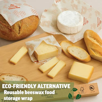 Beeswax Wrap Roll 13" x 55" – Zenlogy Reusable Beeswax Food Wrap, Cut to Size, Organic Cotton & Natural Beeswax, Washable Plastic Free Food Storage