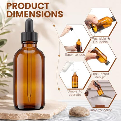 Hushee 6 Pack 4 oz Amber Glass Dropper Bottles for Essential Oils with Measured Eye Dropper, 6 Black Caps, 1 Funnel for Personal Care, Tincture Bottles Leakproof Travel Bottle Lab Chemicals Perfumes