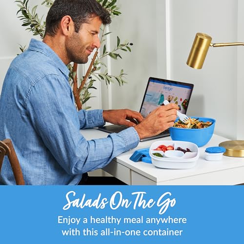 Bentgo Salad Container - 54 oz Bowl with 4-Compartment Toppings Tray, Leak-Proof Dressing Container, Reusable Fork, BPA-Free Lunch Box for Meal Prep & Food Storage; Removable Bento Tray (Blue) - color: Blue