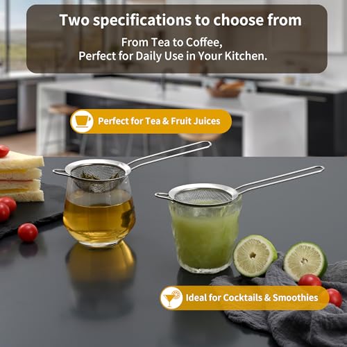 Luckyiren 2-Pack Stainless Steel Fine Mesh Strainer – 3.35 Inch Tea & Coffee Sieve with Handle for Food, Liquid, & Cocktail – Dishwasher Safe - size: 3.35 in + 3.35 in