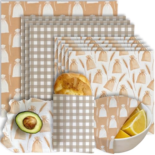 Reusable Beeswax Wrap, Flour Sack and Gingham Wraps, 9 Pack Sheets for Bread, Fruit, Bowl, Organic, Sustainable, Zero Waste, Plastic-Free Food Storage, 1XL, 3M, 5S - color: Beige Wheat Sacks