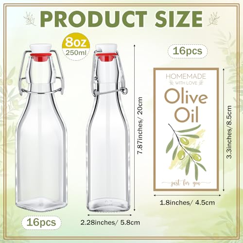 Havawish 16 Pcs 8 oz Mini Olive Oil Bottles Homemade Swing Top Clear Flip Top Bottles with Airtight Lids Labels for Storing Homemade Olive Oil Wedding Baby Shower Favors(Square) - style: Square