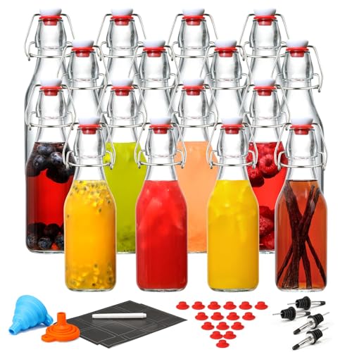 16 Pack 8.5oz Flip Top Glass Bottles, Swing Top Beer Brewing Bottle for 2nd Fermentation, Kombucha, Kefir, Vanilla Extract, Coquito, Juice, Tea - Airtight Stopper Cap Lid, Bonus 4 Bottle Pourers