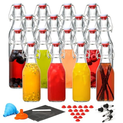 16 Pack 8.5oz Flip Top Glass Bottles, Swing Top Beer Brewing Bottle for 2nd Fermentation, Kombucha, Kefir, Vanilla Extract, Coquito, Juice, Tea - Airtight Stopper Cap Lid, Bonus 4 Bottle Pourers